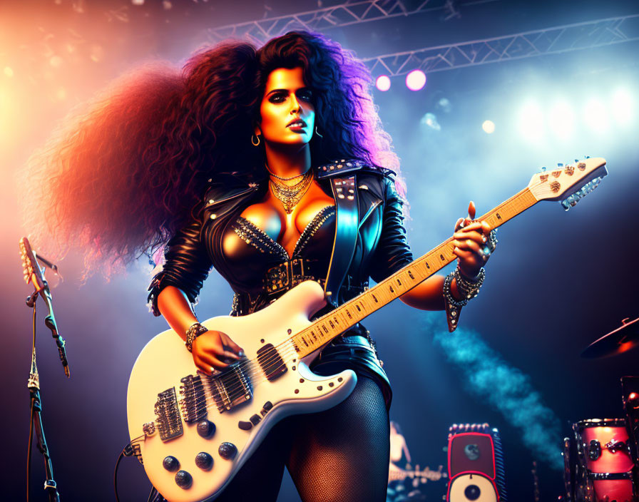 Female guitarist with voluminous hair on stage with white electric guitar