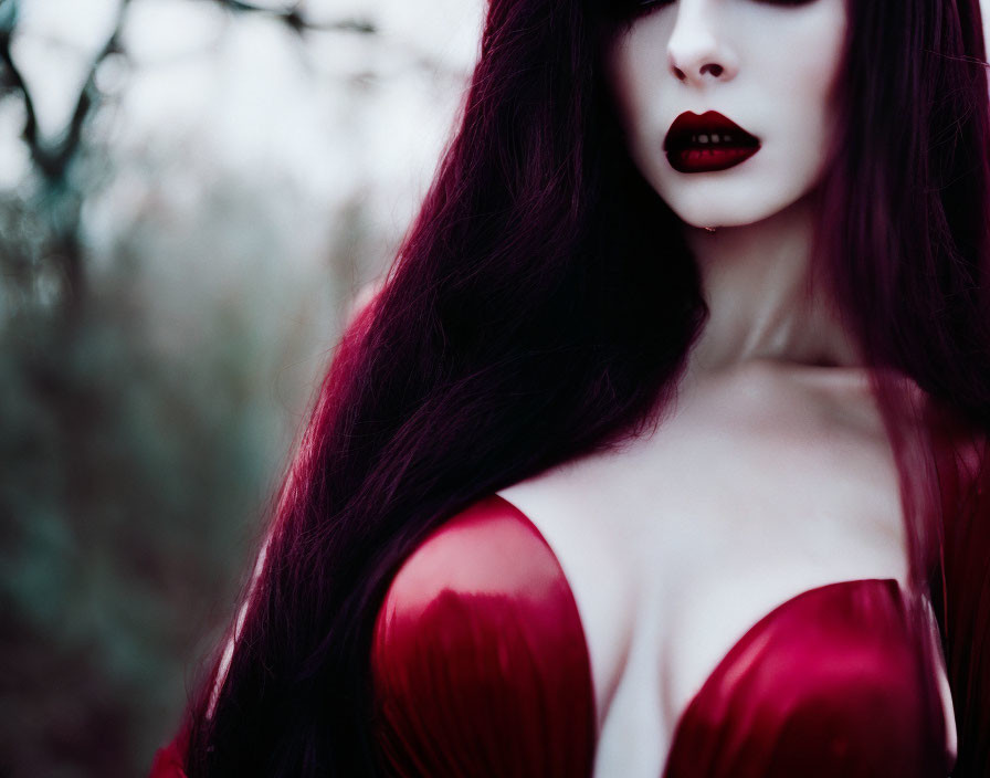 Dark-haired woman in red lipstick and garment against blurred natural backdrop