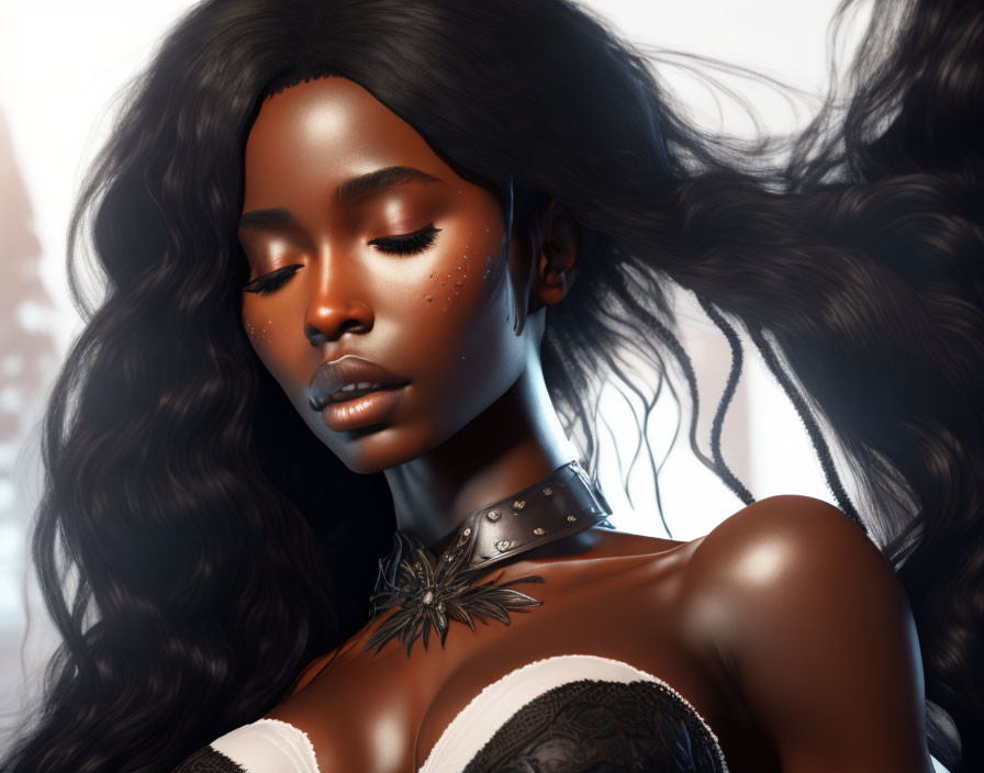 Portrait of woman with dark skin, long black hair, freckles, spiked choker, black