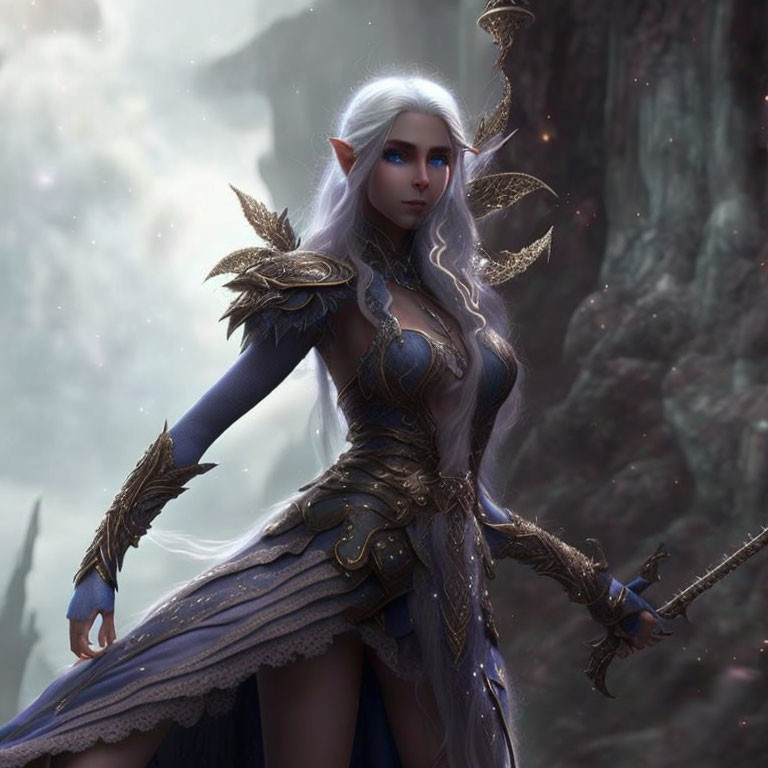 White-haired elf in ornate armor with staff in misty forest