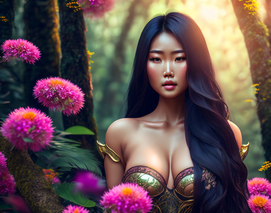 Digital artwork featuring woman with long black hair and gold clothing among pink flowers and greenery