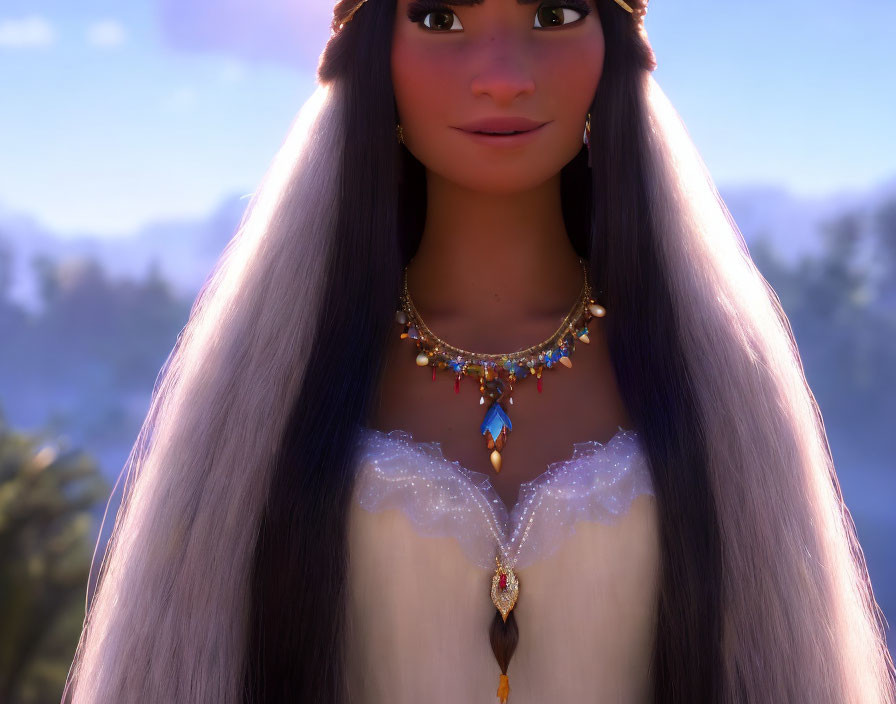 Animated female character with long dark hair and colorful necklace against natural background