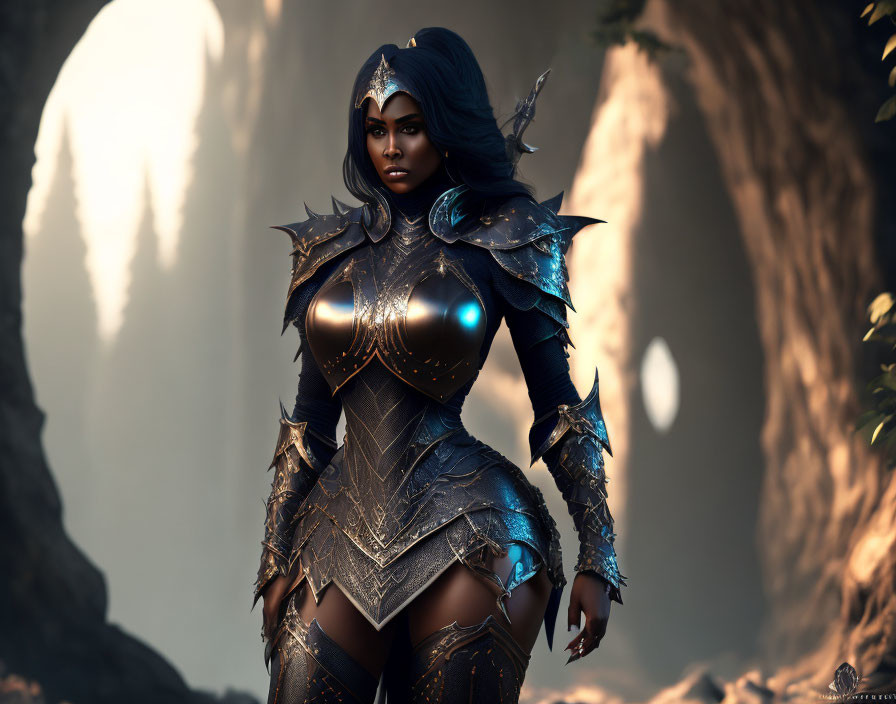 Female warrior in dark armor with blue accents and crown, standing in forest