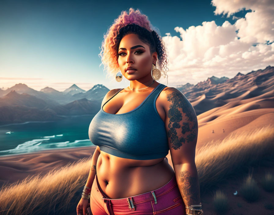 Digital art image: Confident woman with tattoos in desert landscape at sunset