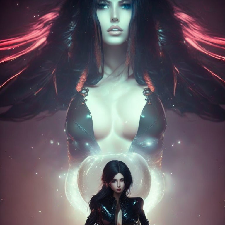 Fantasy Artwork: Woman with Dark Hair and Mystical Orb on Pink Nebula Background