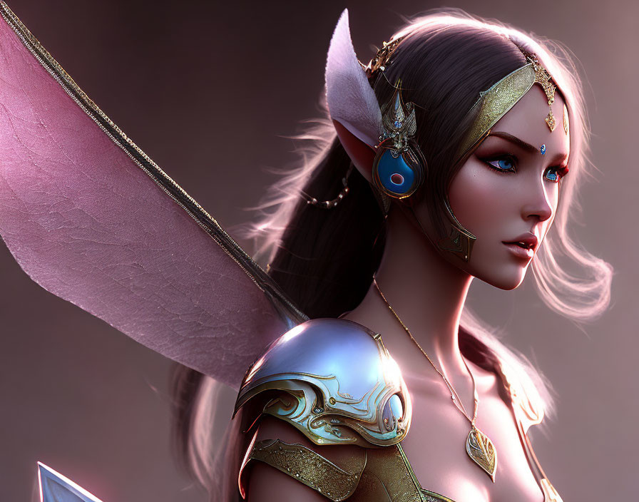 Digital Artwork: Elf with Wings, Gold Jewelry, and Armor on Pink Background