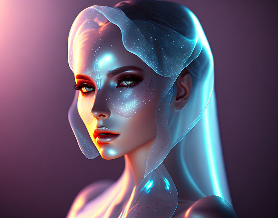 Digital artwork featuring female figure with cosmic patterns on glowing skin against purple background