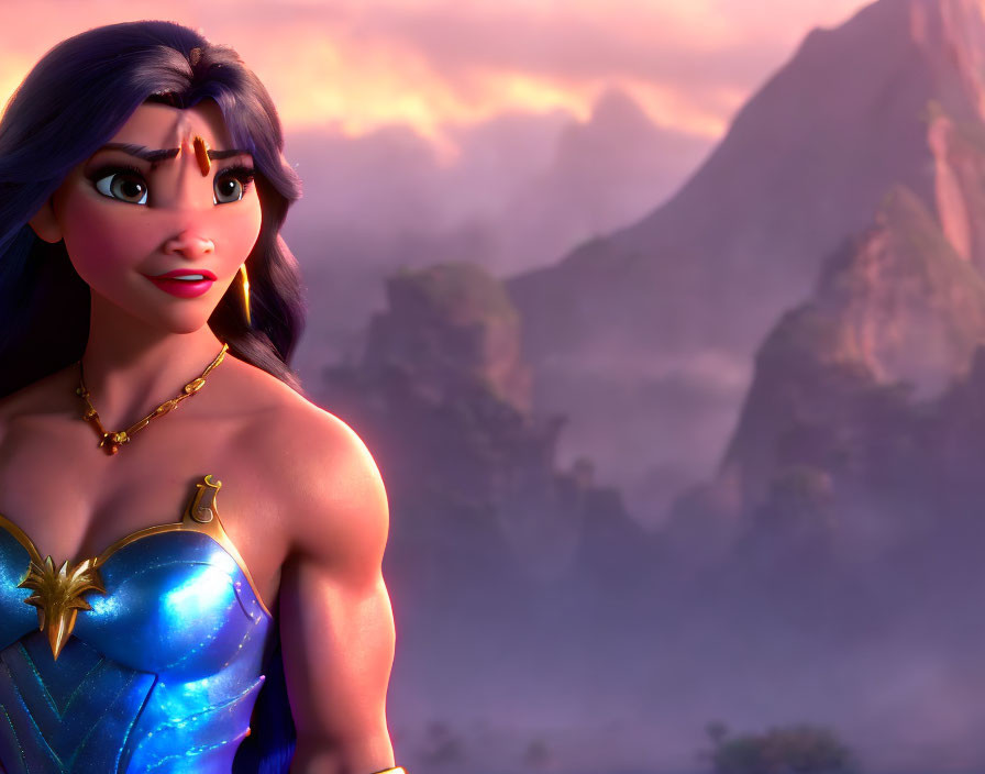 Close-up of animated female character with long hair in blue top against mountain backdrop.