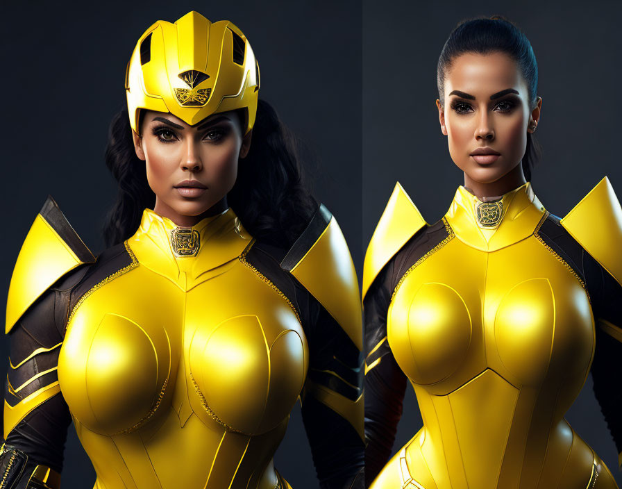 Person in Yellow and Black Armored Costume with and without Helmet