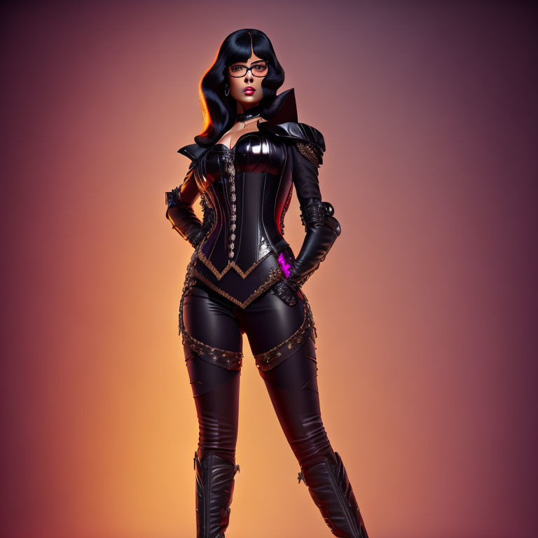 Stylized female character in black latex suit with gold accents on pinkish background