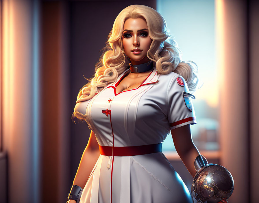 Blonde nurse in white and red uniform holding metallic sphere