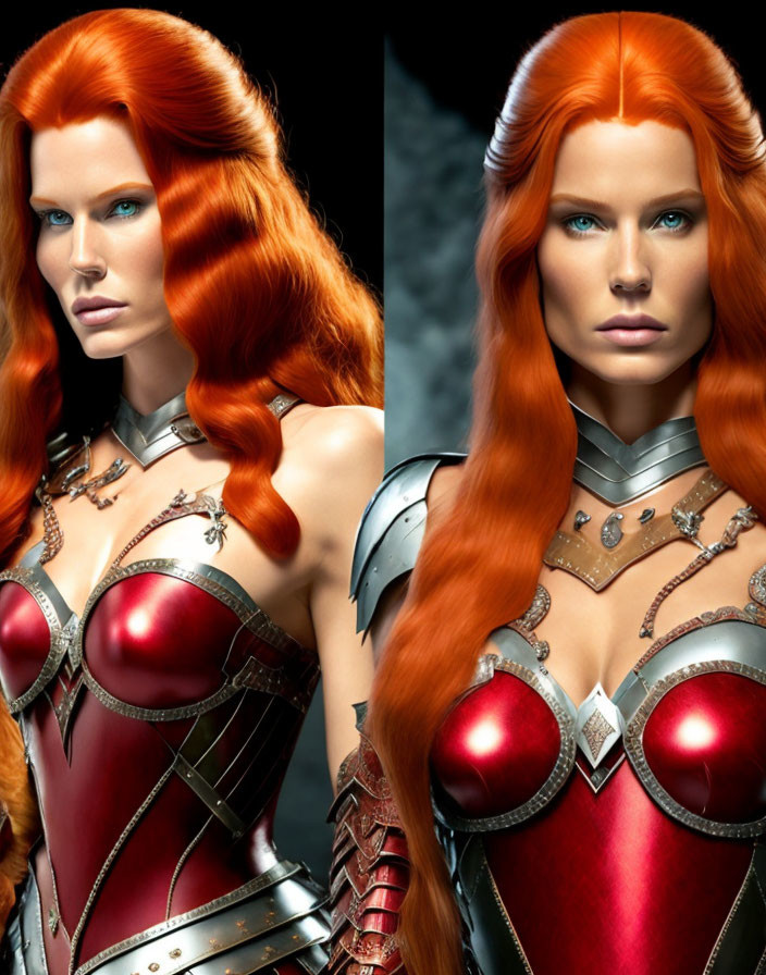 Digital artwork of female character with red hair, blue eyes, silver and red armor