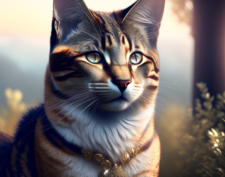 Majestic tabby cat portrait with amber eyes and gold necklace on nature backdrop