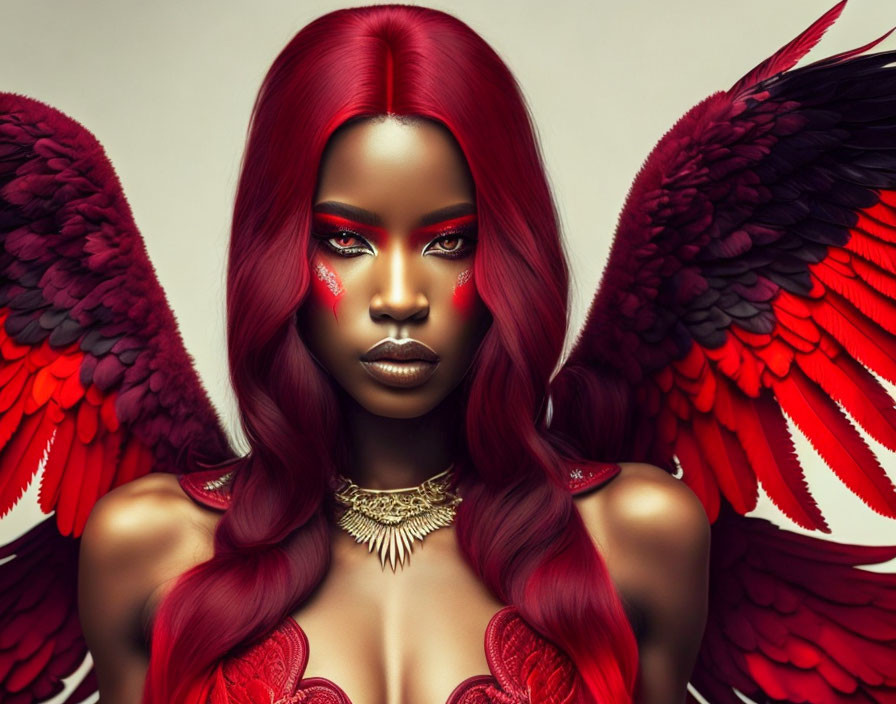 Digital artwork: Woman with red hair, wings, makeup, and necklace