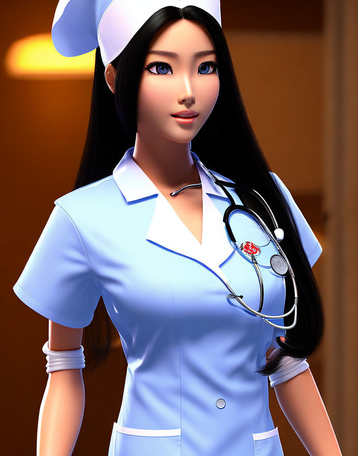 Stylized animated nurse in blue uniform with stethoscope