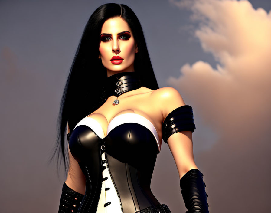 3D Rendered Woman in Corset and Gloves on Dusk Sky Background