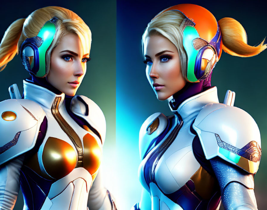 Futuristic digital art of woman in white-and-orange armor