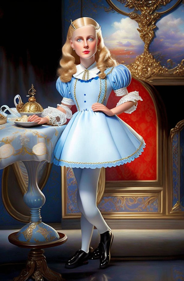 Illustration of Alice with tea accessories in ornate setting.