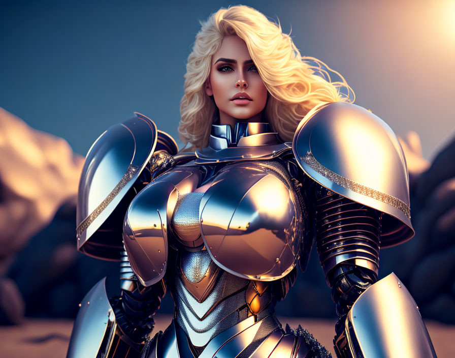 Blonde Woman in Futuristic Armor Against Mountainous Dusk