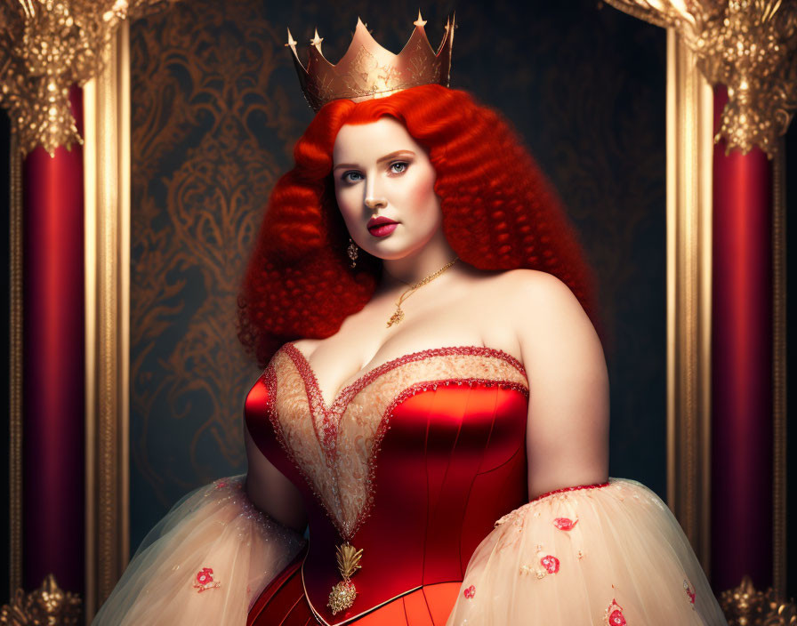 Red-haired woman in golden crown and ornate dress exudes elegance and authority