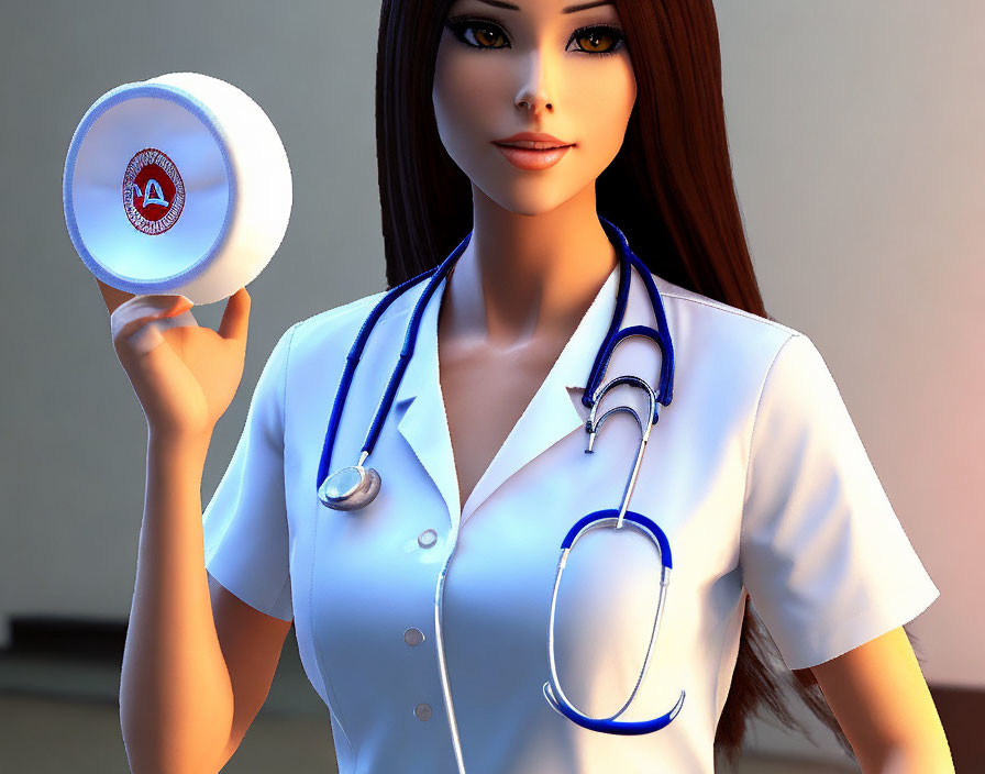 Dark-haired female 3D character in lob hairstyle, donning white medical coat with nurse's cap