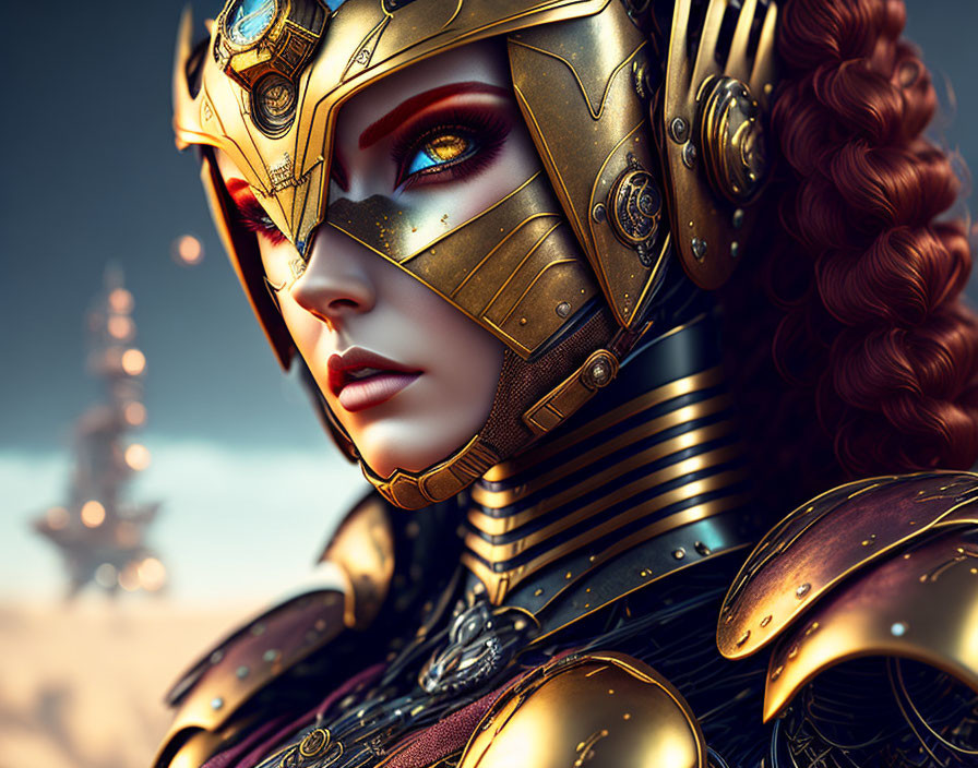 Digital artwork of woman in gold armor with red hair and futuristic makeup