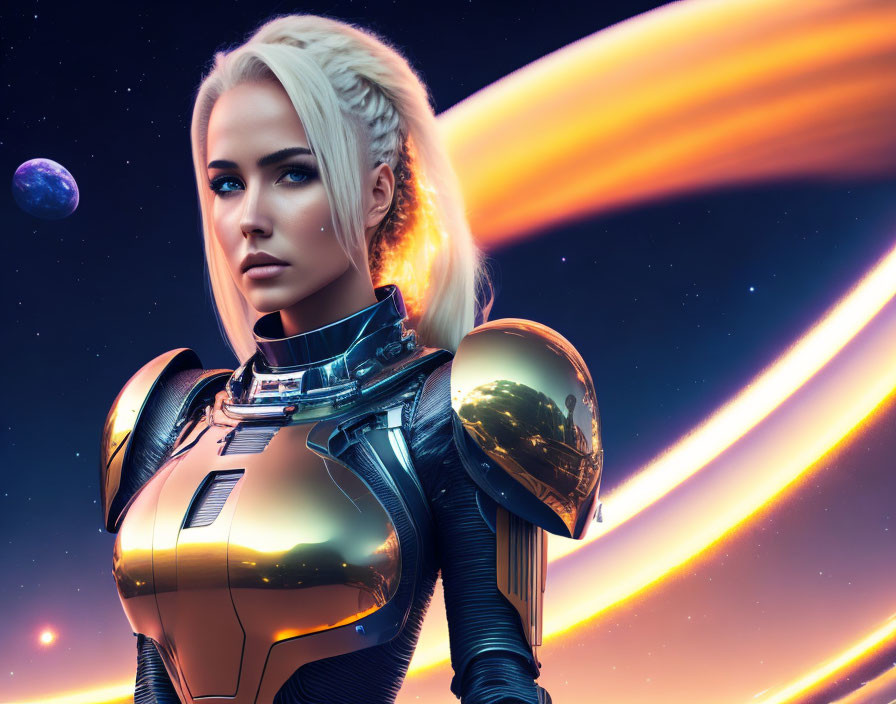 Blonde Female in Futuristic Armor Amid Cosmic Scene