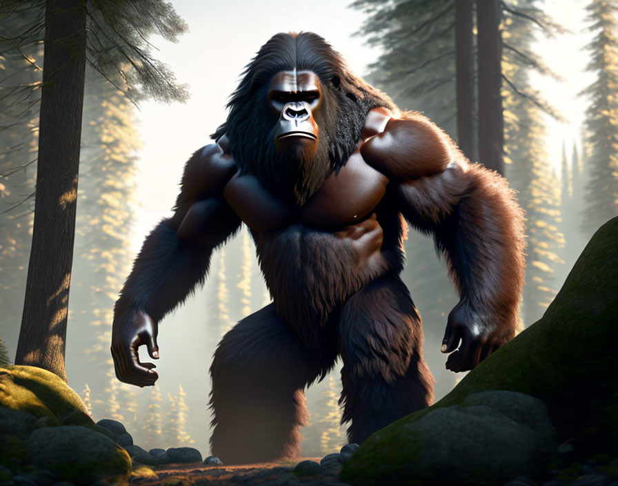 Muscular Bigfoot in Sunlit Forest: 3D Illustration