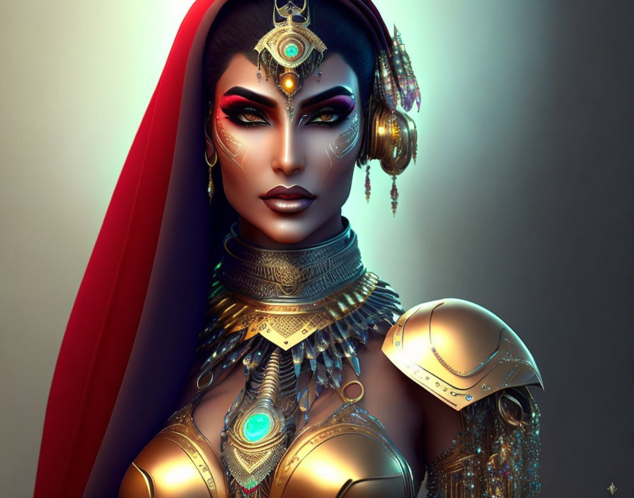 Female figure with golden headdress, ornate jewelry, detailed armor, and red hood in digital art