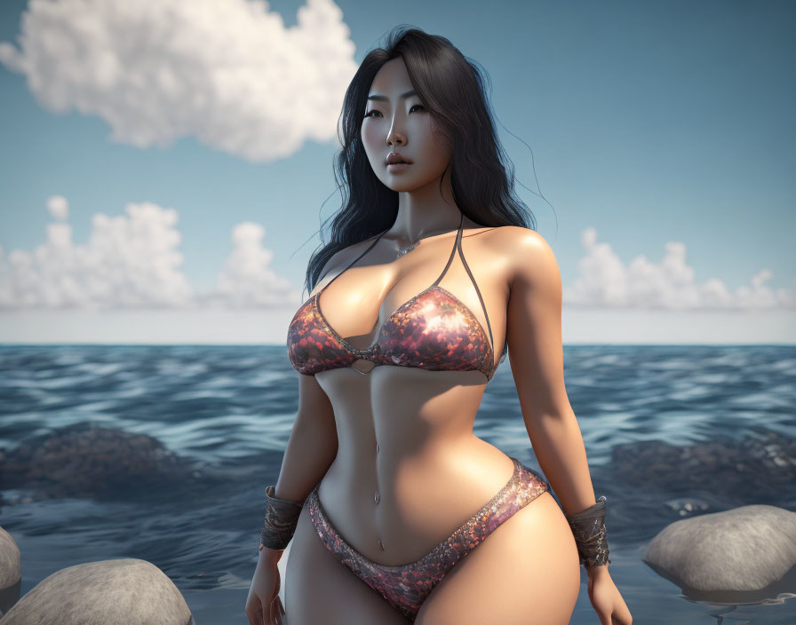 3D-rendered image of woman in bikini on rocky beach