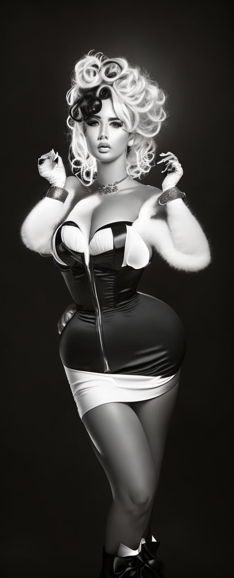 Stylized woman in corset with fur accents and high heels