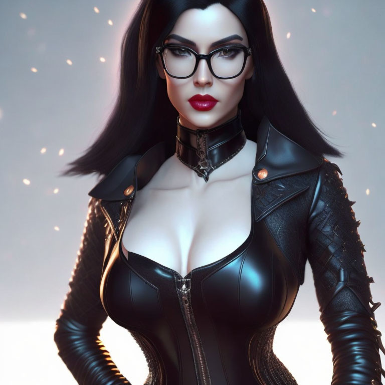 Digital artwork of woman with long dark hair, glasses, leather jacket, and choker