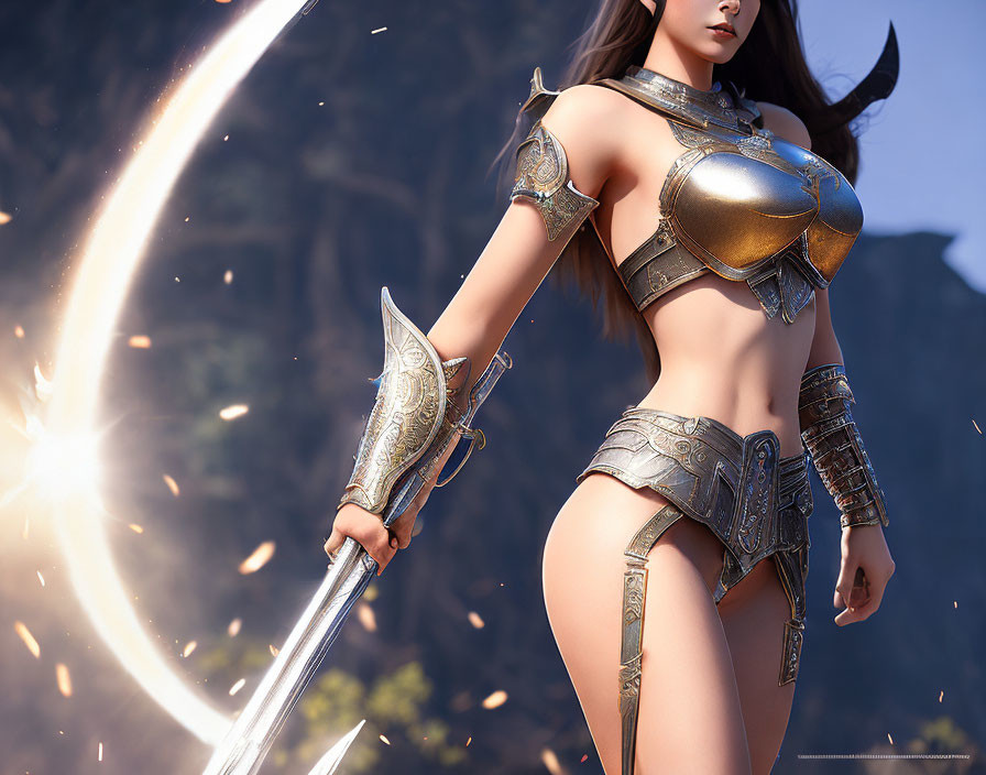 Female warrior in fantasy armor with glowing sword on rocky terrain