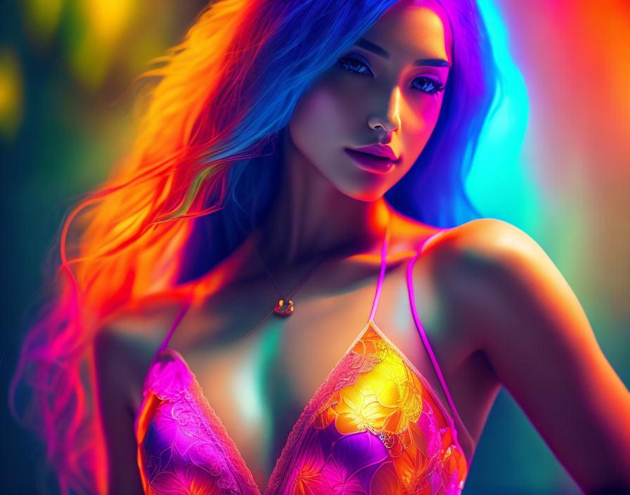 Colorful digital artwork: woman with blue and orange hair, purple lingerie, neon background