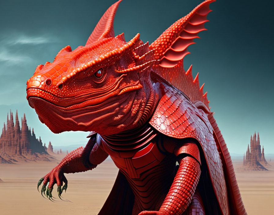 Red-scaled dragon with horns and wings in desert setting