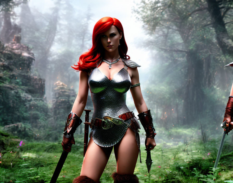 Red-Haired Female Warrior in Silver Armor Standing in Misty Forest