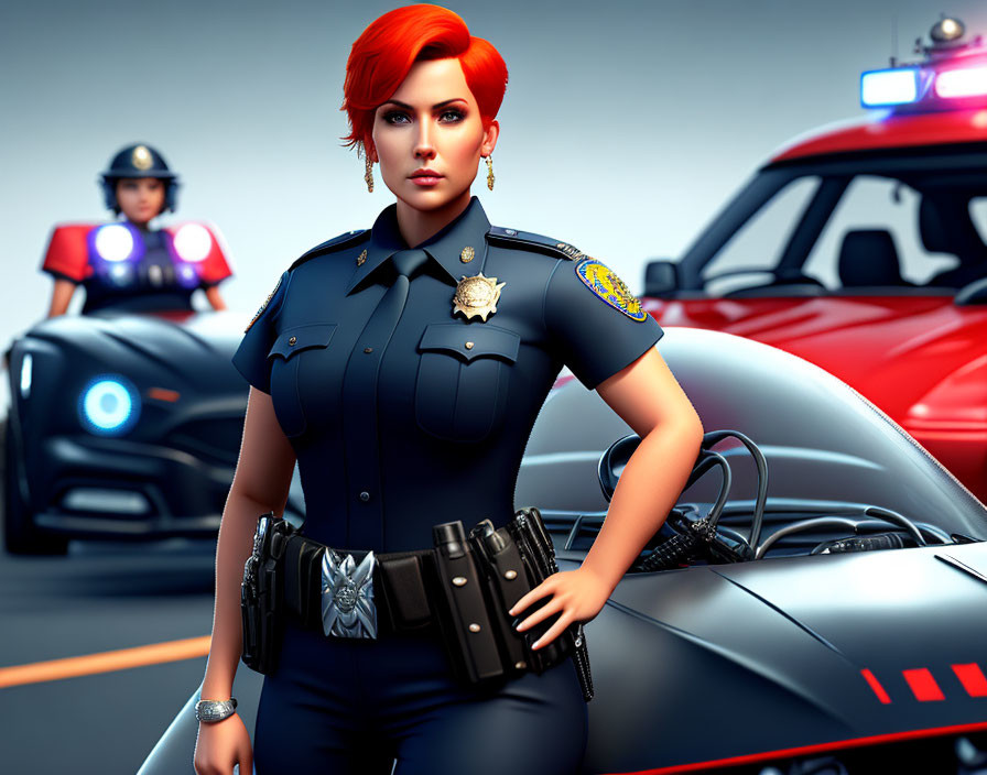 Female police officer with red hair in blue uniform next to police car.