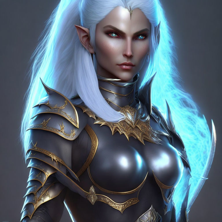 White-skinned elf with blue hair in black and gold armor