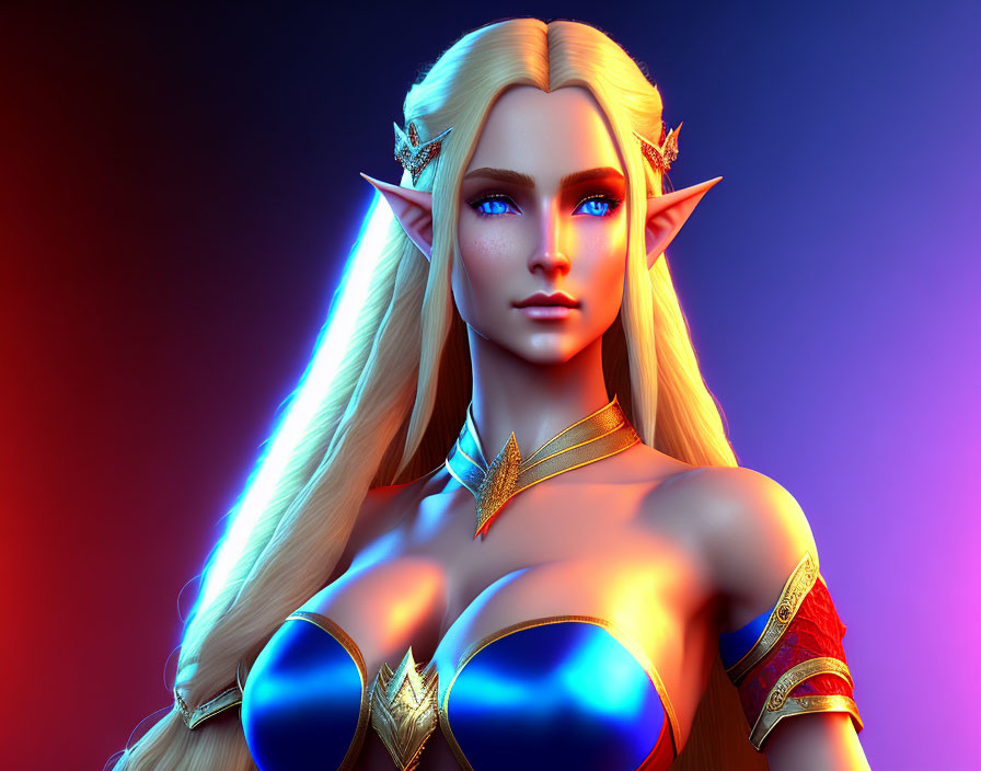 Fantasy 3D illustration: Elven woman with blonde hair, blue eyes, pointed ears,