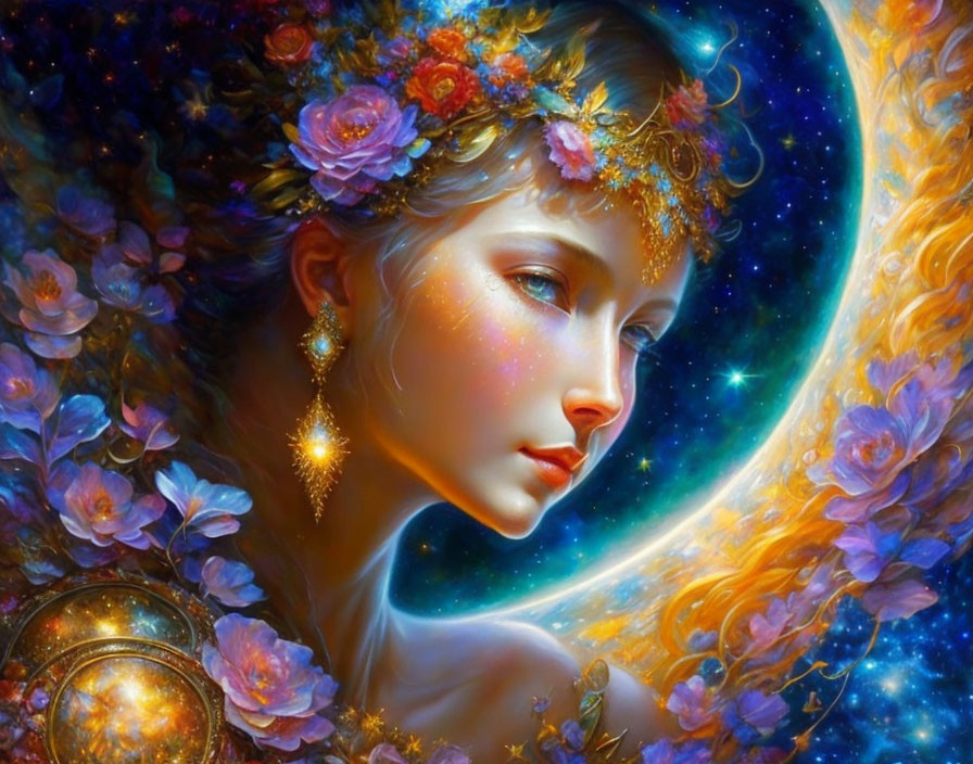 Fantasy painting: Woman with flower-adorned hair, jewelry, cosmic backdrop.