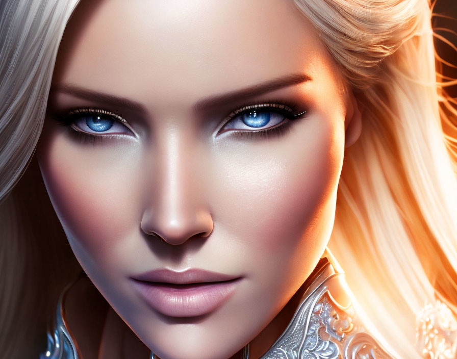 Close-Up Digital Portrait of Woman with Striking Blue Eyes and Blonde Hair