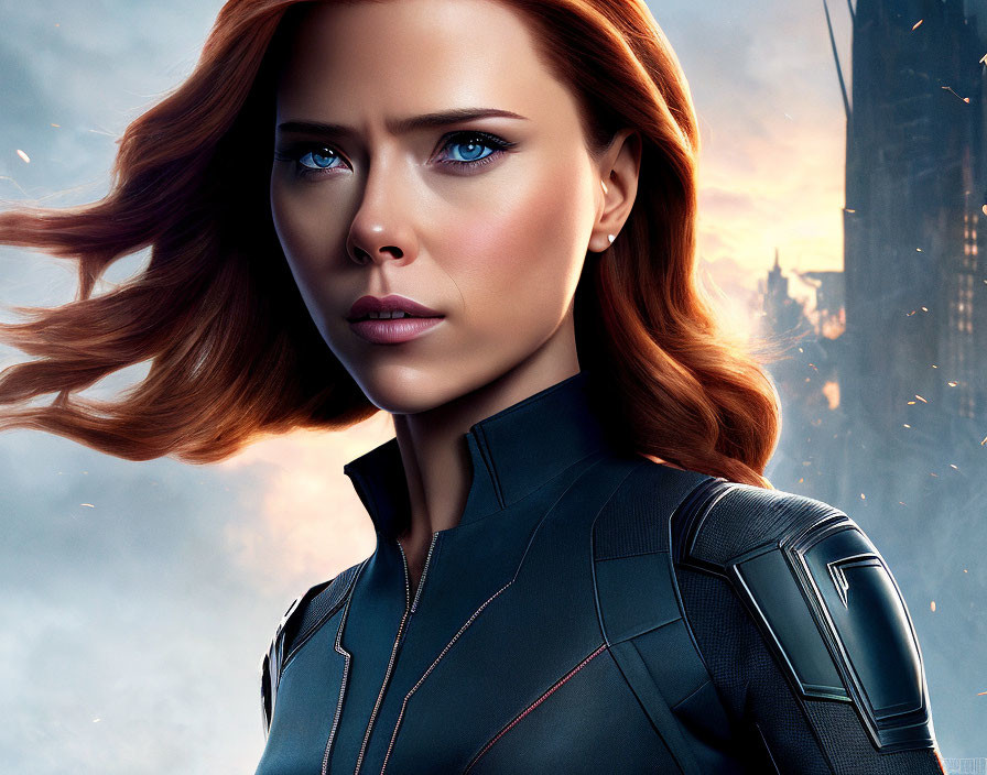 Red-haired woman in black tactical suit with blue eyes, serious expression.