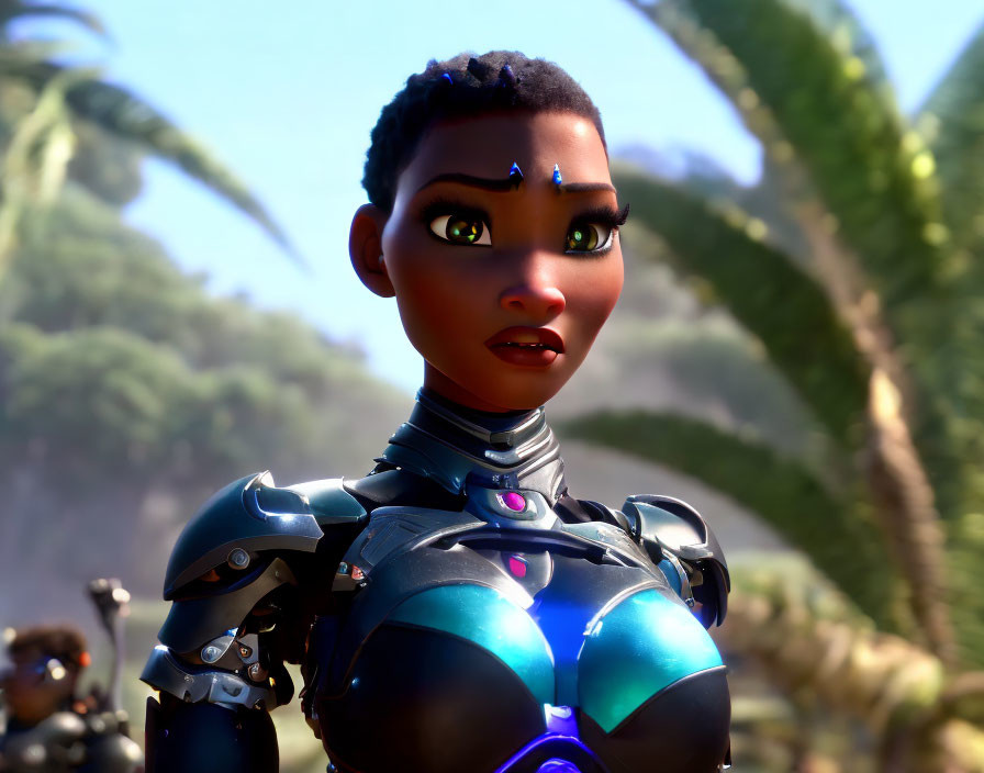 Close-up 3D animated female character in futuristic armor against palm tree backdrop