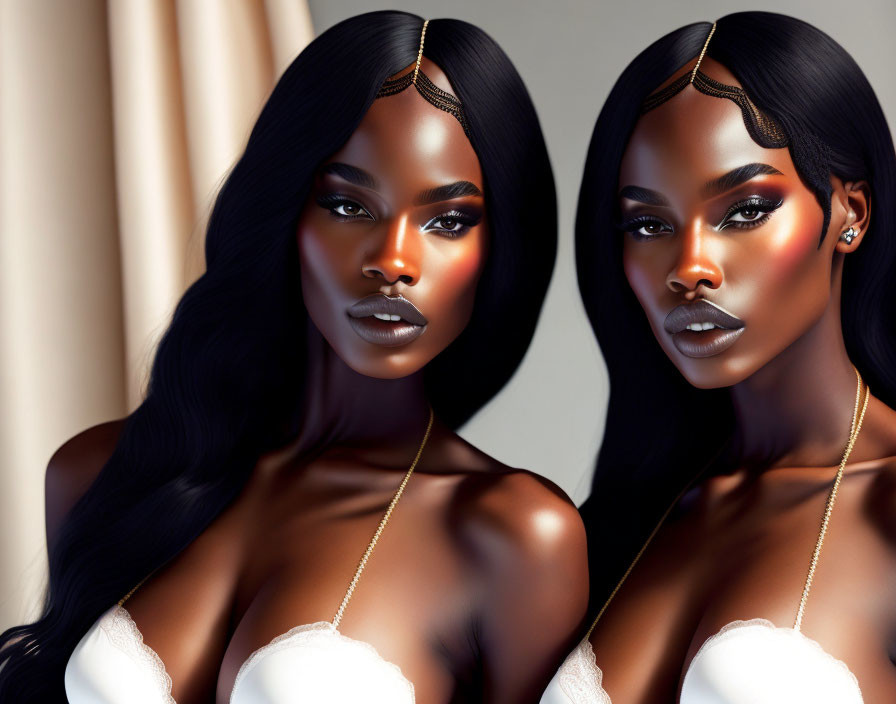 Twin women digital artwork: ebony skin, wavy hair, gold accessories