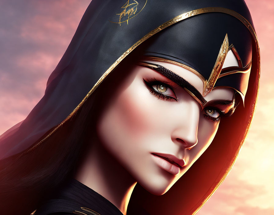 Stylized female character with golden tiara and black hood in close-up.