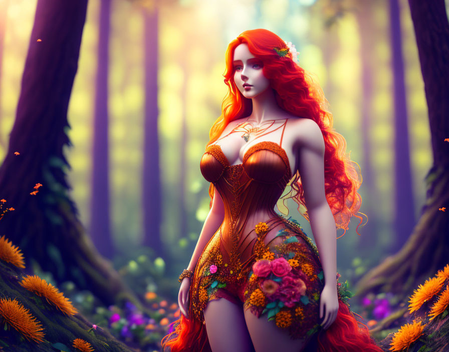 Red-haired woman in floral crown and corset in sunlit forest