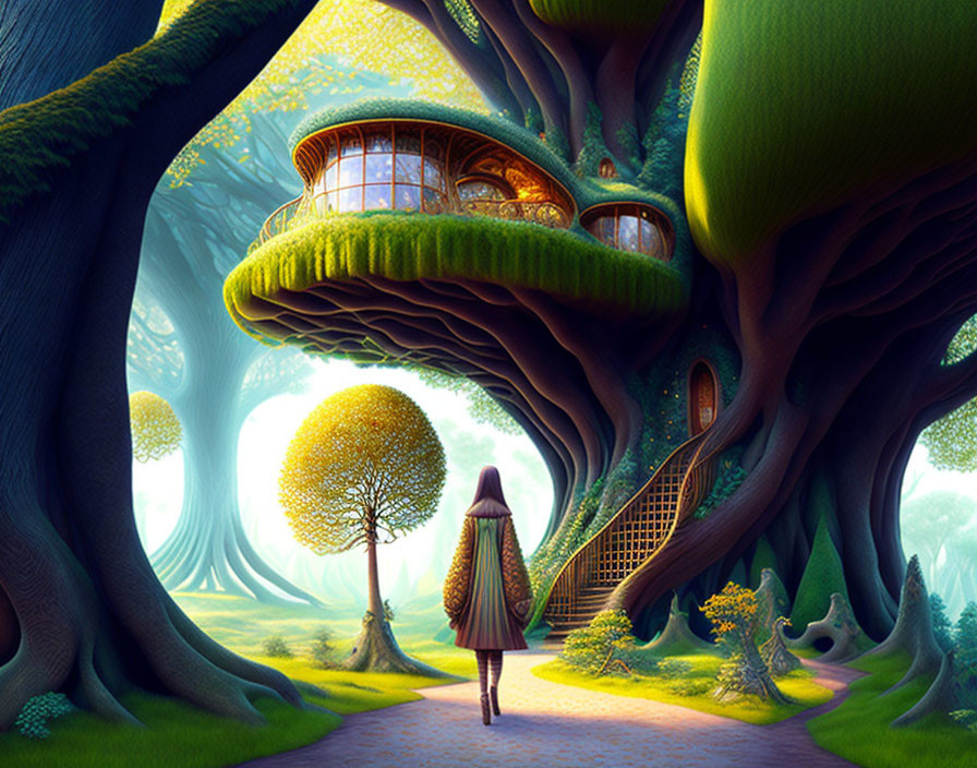 Person on path to fantastical treehouse in magical forest