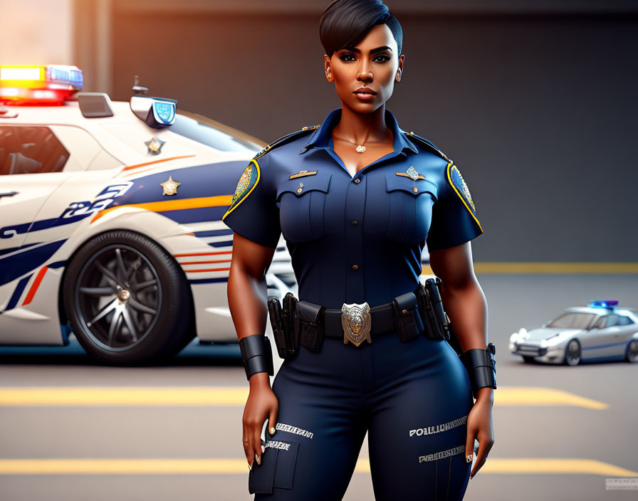 Stylized illustration of confident female police officer by patrol cars