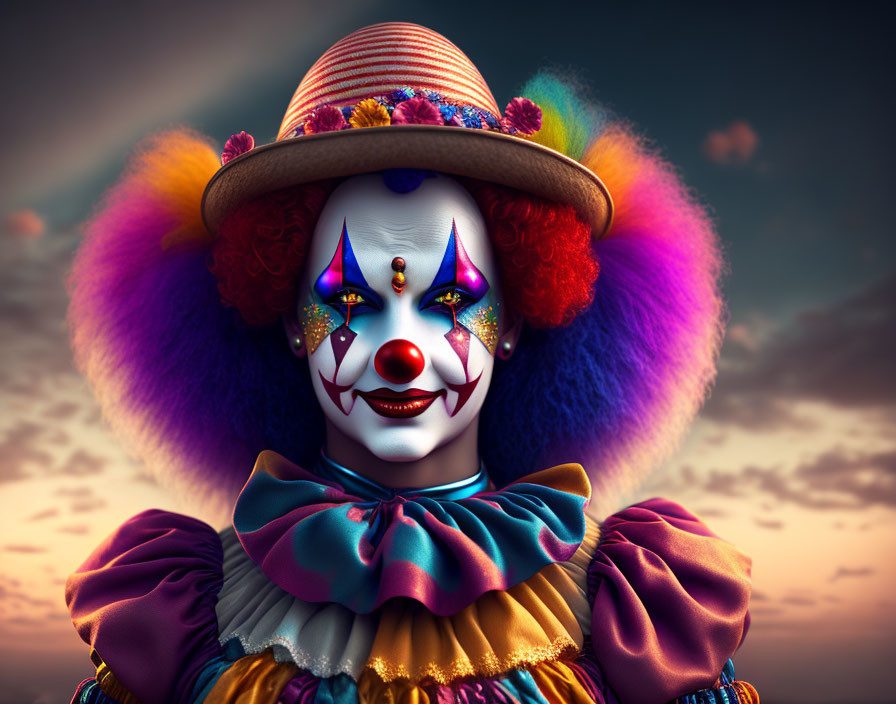 Colorful clown with striped hat and ruffled collar against twilight sky