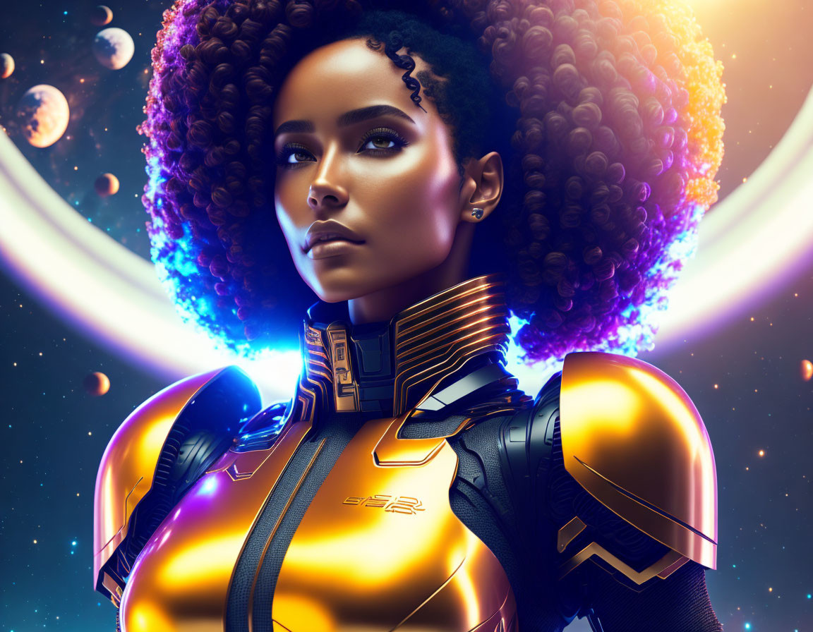 Futuristic female figure with voluminous afro in golden armor on cosmic background